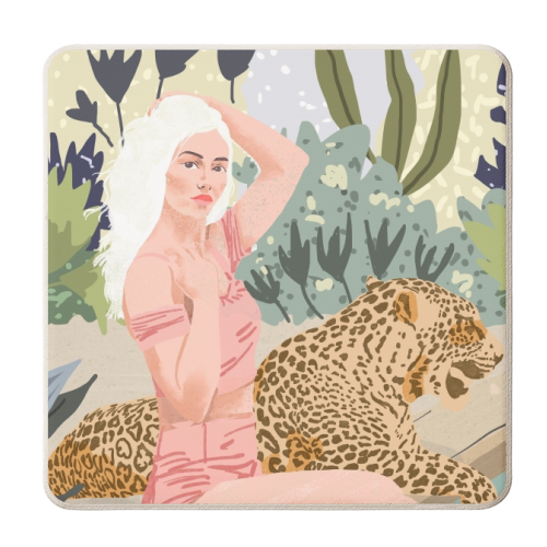 How to Train Your Leopard, Wild Cat Bohemian Woman Painting, Swimming Pool Bikini Summer Swim Animal - personalised beer coaster by Uma Prabhakar Gokhale