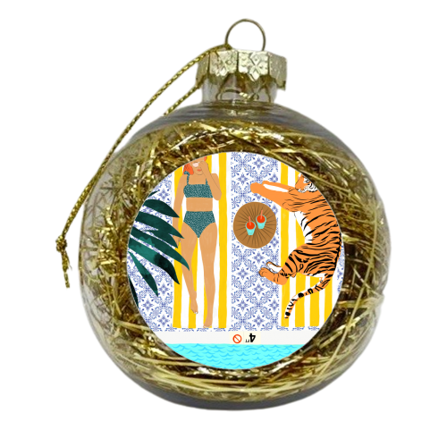 How To Vacay With Your Tiger, Human Animal Connection Illustration, Tropical Travel Morocco Painting - xmas bauble by Uma Prabhakar Gokhale