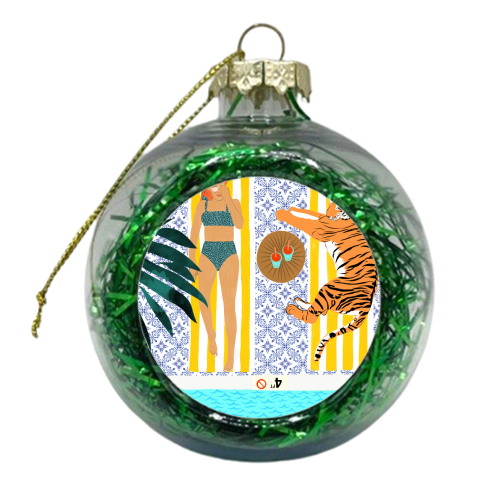 How To Vacay With Your Tiger, Human Animal Connection Illustration, Tropical Travel Morocco Painting - xmas bauble by Uma Prabhakar Gokhale