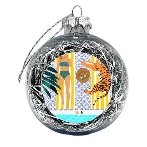 How To Vacay With Your Tiger, Human Animal Connection Illustration, Tropical Travel Morocco Painting - xmas bauble by Uma Prabhakar Gokhale