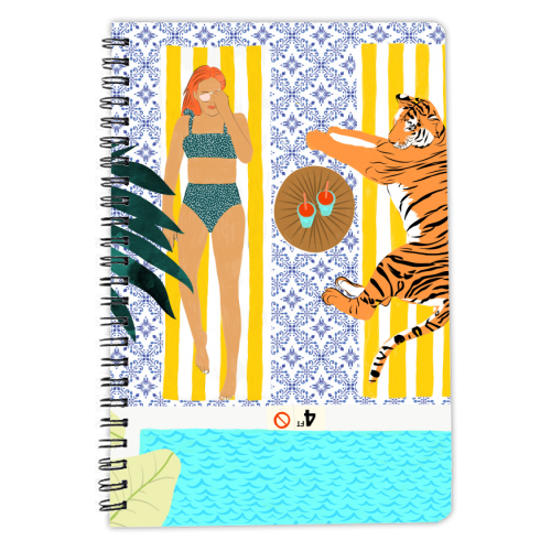 How To Vacay With Your Tiger, Human Animal Connection Illustration, Tropical Travel Morocco Painting - personalised A4, A5, A6 notebook by Uma Prabhakar Gokhale