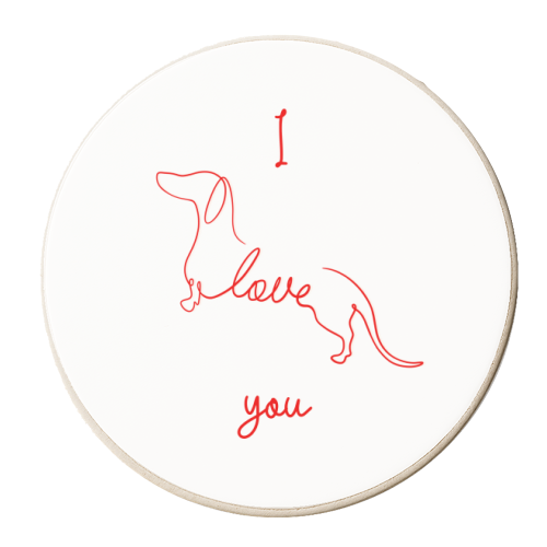 I love you line dachshund artwork - red and white - personalised beer coaster by Lisa Wardle