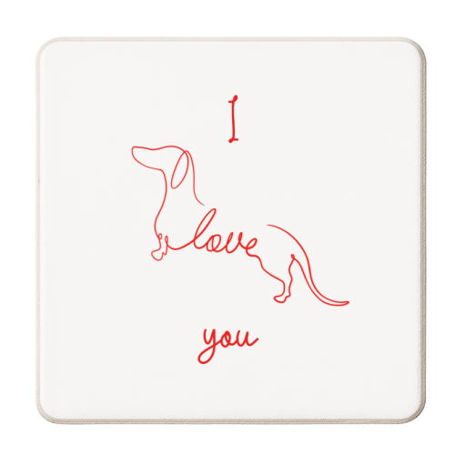 I love you line dachshund artwork - red and white - personalised beer coaster by Lisa Wardle