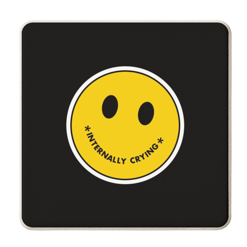 Internally crying smiley face sticker - personalised beer coaster by The Girl Next Draw