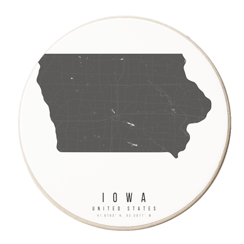 Iowa Mono Black and White Modern Minimal Street Map - personalised beer coaster by Toni Scott