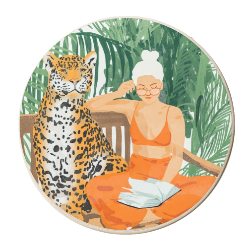 Jungle Vacay | Modern Bohemian Blonde Woman Tropical Travel | Leopard Wildlife Forest Reader - personalised beer coaster by Uma Prabhakar Gokhale