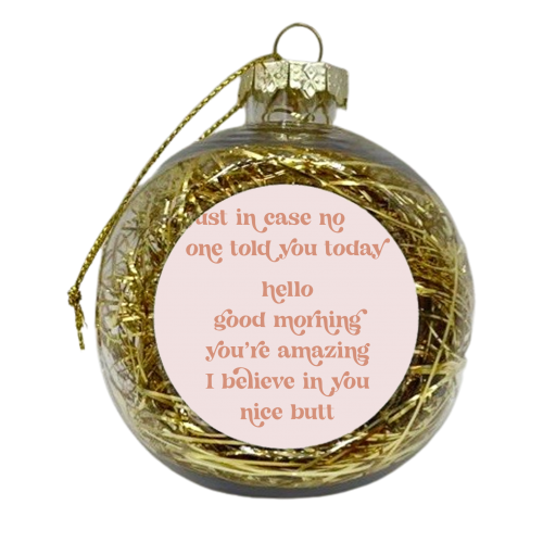 Just in case no one told you today hello... nice butt retro vintage font with a pink background and peach letters - xmas bauble by Toni Scott