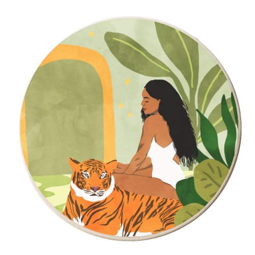 Just You & Me | Tiger Urban Jungle Friendship | Wild Cat Bohemian Black Woman with Pet - personalised beer coaster by Uma Prabhakar Gokhale