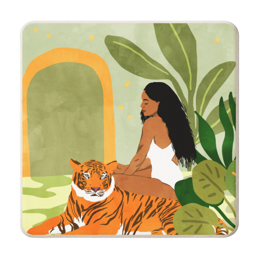 Just You & Me | Tiger Urban Jungle Friendship | Wild Cat Bohemian Black Woman with Pet - personalised beer coaster by Uma Prabhakar Gokhale