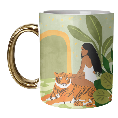 Just You & Me | Tiger Urban Jungle Friendship | Wild Cat Bohemian Black Woman with Pet - unique mug by Uma Prabhakar Gokhale