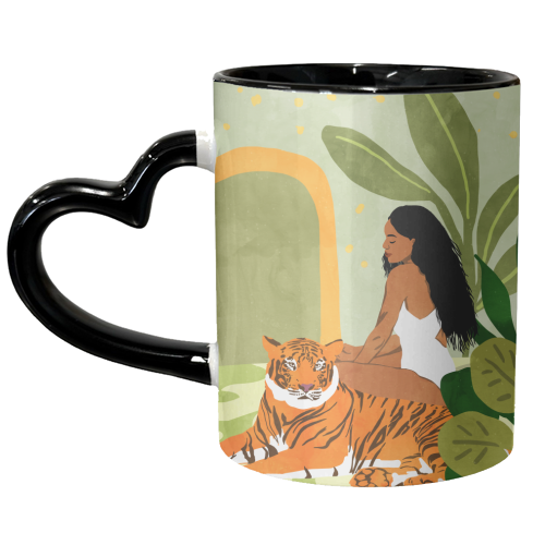 Just You & Me | Tiger Urban Jungle Friendship | Wild Cat Bohemian Black Woman with Pet - unique mug by Uma Prabhakar Gokhale