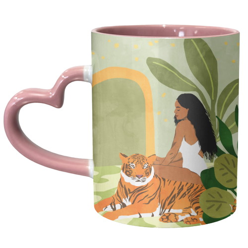 Just You & Me | Tiger Urban Jungle Friendship | Wild Cat Bohemian Black Woman with Pet - unique mug by Uma Prabhakar Gokhale