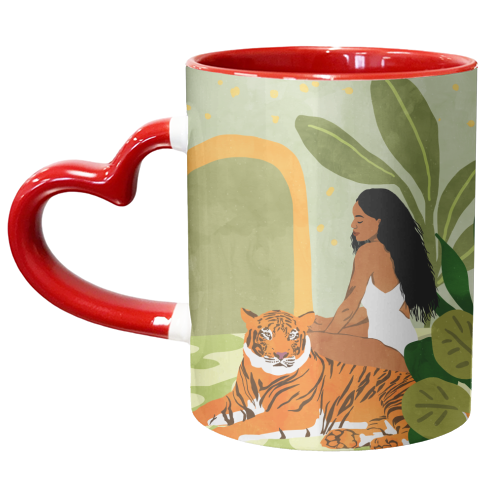 Just You & Me | Tiger Urban Jungle Friendship | Wild Cat Bohemian Black Woman with Pet - unique mug by Uma Prabhakar Gokhale