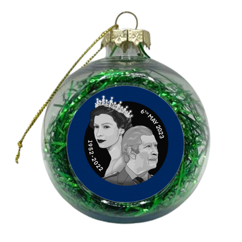 King Charles and Queen Elizabeth Illustration on blue - xmas bauble by The Girl Next Draw