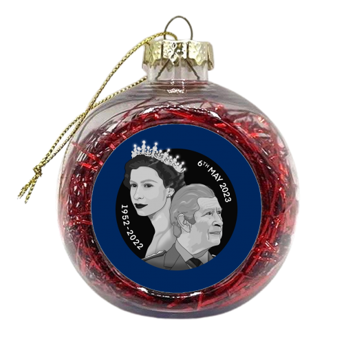 King Charles and Queen Elizabeth Illustration on blue - xmas bauble by The Girl Next Draw