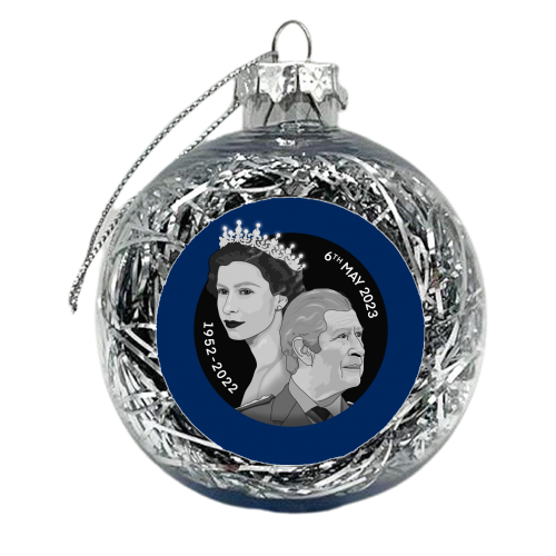 King Charles and Queen Elizabeth Illustration on blue - xmas bauble by The Girl Next Draw