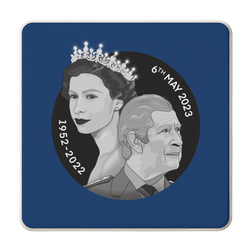 King Charles and Queen Elizabeth Illustration on blue - personalised beer coaster by The Girl Next Draw