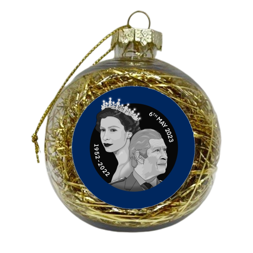 King Charles and Queen Elizabeth Illustration on blue - xmas bauble by The Girl Next Draw
