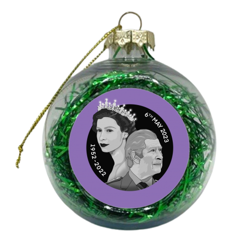 King Charles and Queen Elizabeth Illustration purple background - xmas bauble by The Girl Next Draw