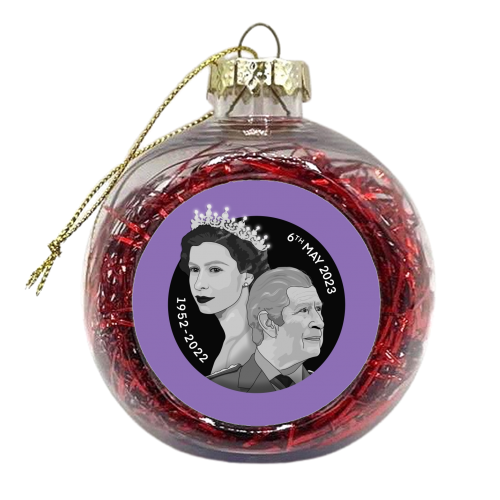 King Charles and Queen Elizabeth Illustration purple background - xmas bauble by The Girl Next Draw
