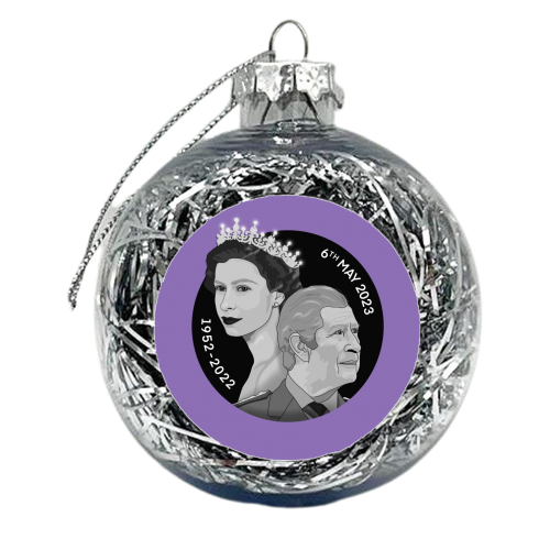 King Charles and Queen Elizabeth Illustration purple background - xmas bauble by The Girl Next Draw