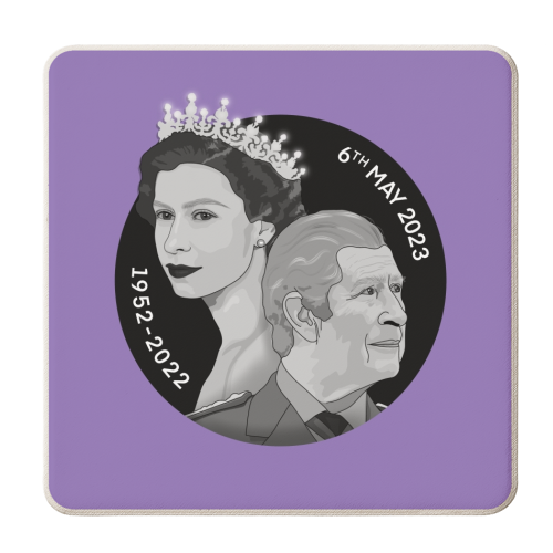 King Charles and Queen Elizabeth Illustration purple background - personalised beer coaster by The Girl Next Draw