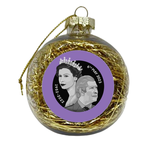 King Charles and Queen Elizabeth Illustration purple background - xmas bauble by The Girl Next Draw