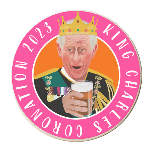 King Charles Coronation Pink and Orange - personalised beer coaster by AbiGoLucky