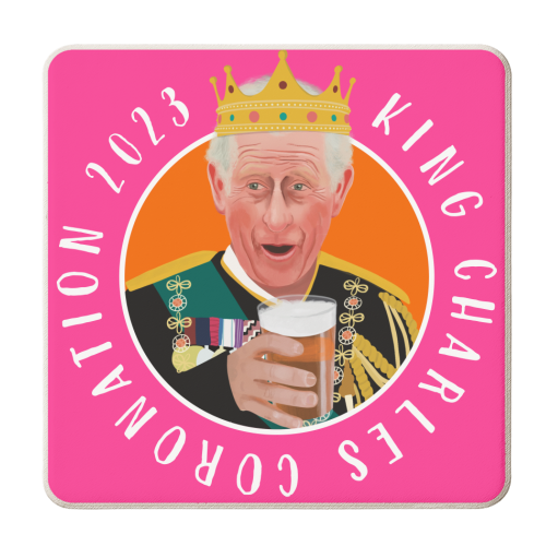 King Charles Coronation Pink and Orange - personalised beer coaster by AbiGoLucky