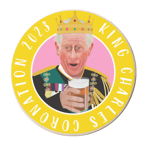 King Charles Coronation Yellow and Pink - personalised beer coaster by AbiGoLucky