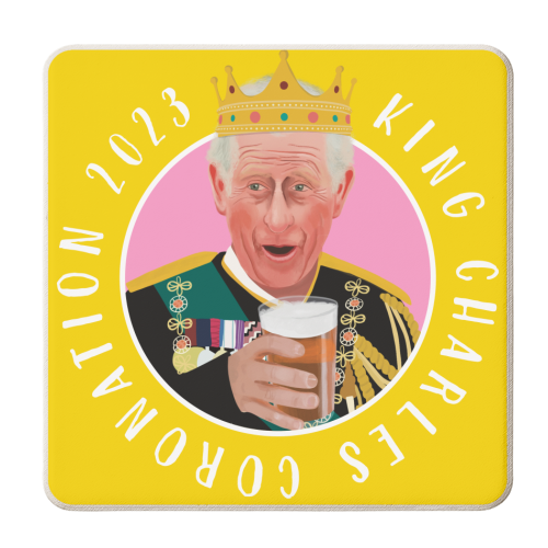 King Charles Coronation Yellow and Pink - personalised beer coaster by AbiGoLucky