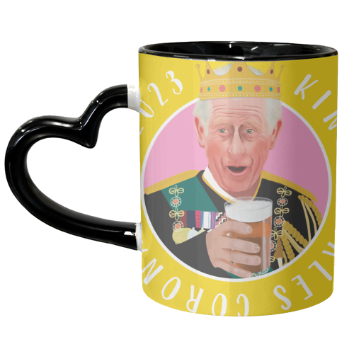King Charles Coronation Yellow and Pink - unique mug by AbiGoLucky