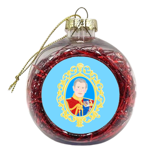 King Charles Framed Illustrative Portrait (pale blue version) - xmas bauble by Adam Regester