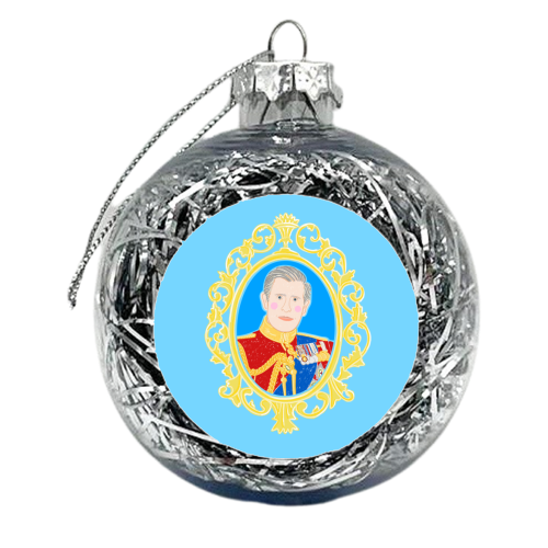 King Charles Framed Illustrative Portrait (pale blue version) - xmas bauble by Adam Regester