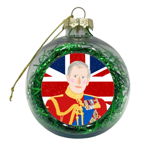 King Charles III Against a Union Jack Background - xmas bauble by Adam Regester