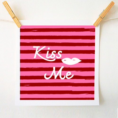 Kiss Me Pink Retro Stripe Illustration - A1 - A4 art print by EZbie