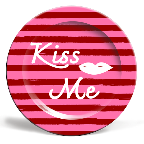 Kiss Me Pink Retro Stripe Illustration - ceramic dinner plate by EZbie