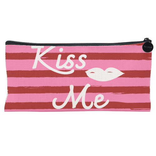 Kiss Me Pink Retro Stripe Illustration - flat pencil case by EZbie