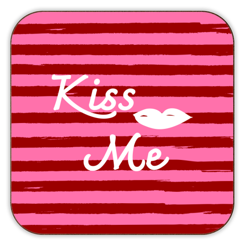 Kiss Me Pink Retro Stripe Illustration - personalised beer coaster by EZbie
