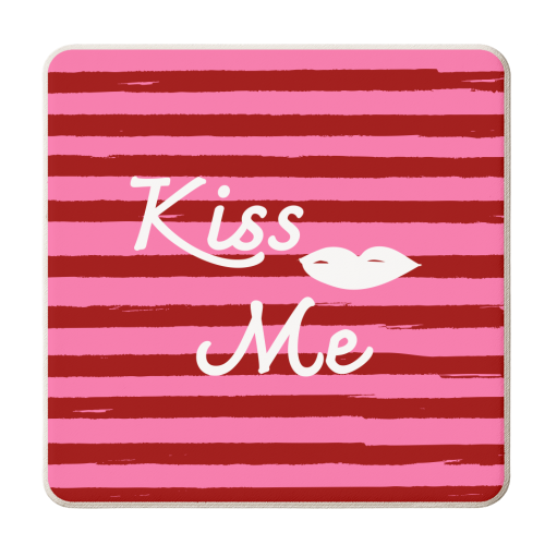Kiss Me Pink Retro Stripe Illustration - personalised beer coaster by EZbie