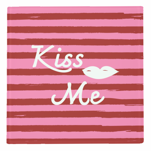 Kiss Me Pink Retro Stripe Illustration - personalised beer coaster by EZbie