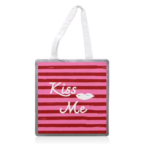 Kiss Me Pink Retro Stripe Illustration - printed canvas tote bag by EZbie