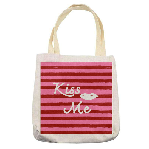 Kiss Me Pink Retro Stripe Illustration - printed canvas tote bag by EZbie