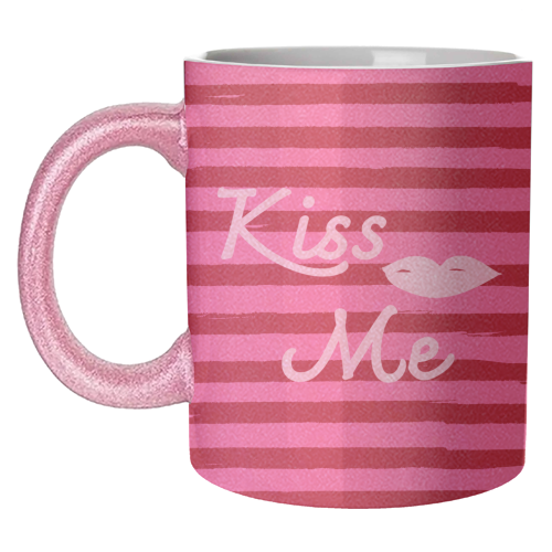 Kiss Me Pink Retro Stripe Illustration - unique mug by EZbie