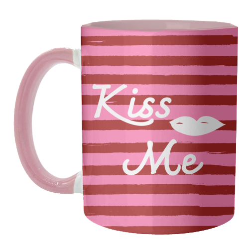 Kiss Me Pink Retro Stripe Illustration - unique mug by EZbie