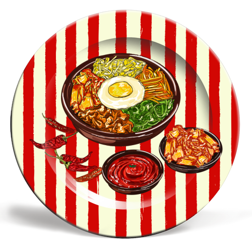 Korean Bibimbap with Kimchi and Gochujang - ceramic dinner plate by EZbie
