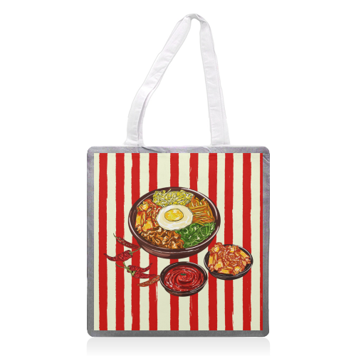 Korean Bibimbap with Kimchi and Gochujang - printed canvas tote bag by EZbie