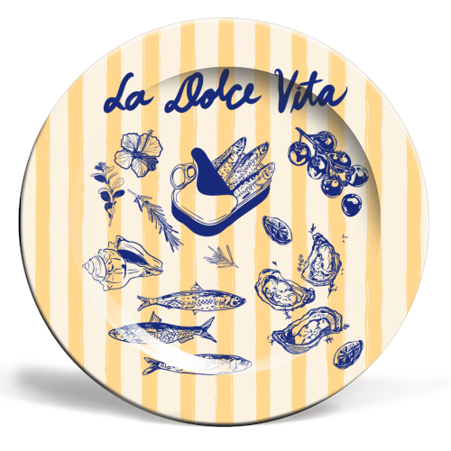 La Dolce Vita – Vintage Coastal Sardines & Seafood - ceramic dinner plate by EZbie