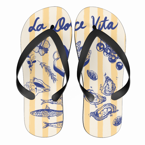 La Dolce Vita – Vintage Coastal Sardines & Seafood - funny flip flops by EZbie