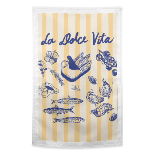 La Dolce Vita – Vintage Coastal Sardines & Seafood - funny tea towel by EZbie